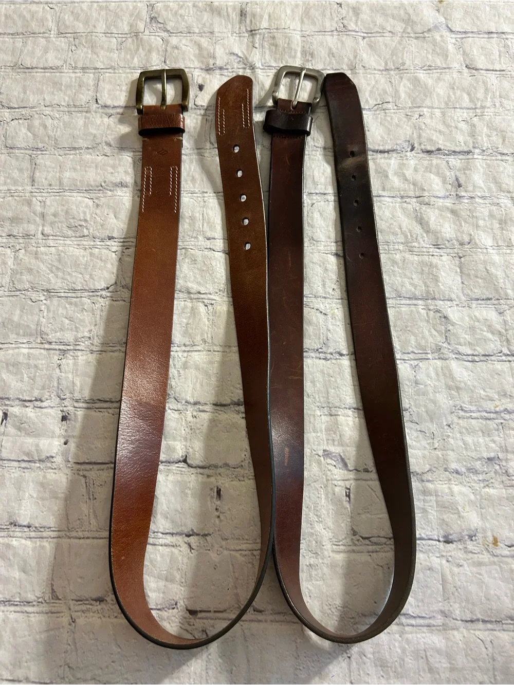 JOSEPH ABBOUD BROWN LEATHER ANTIQUE BUCKLE 36 & RUGGED BROWN RETRO LEATHER BELTS